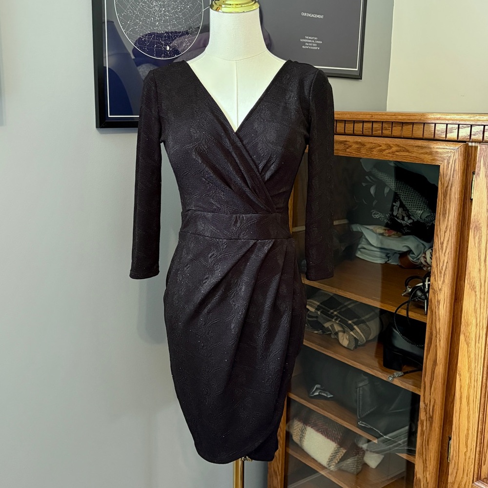 ✨3/$20✨ Olive Tree Black Textured Wrap-Front Sheath Dress